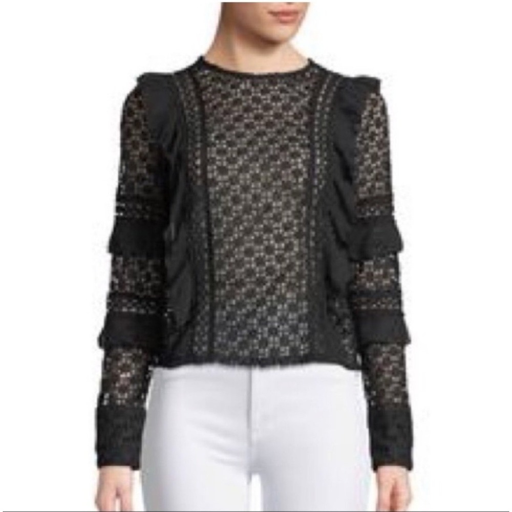 AQUA Black Floral Guipure Lace‎ Ruffle Long Sleeve Top Small Keyhole Back